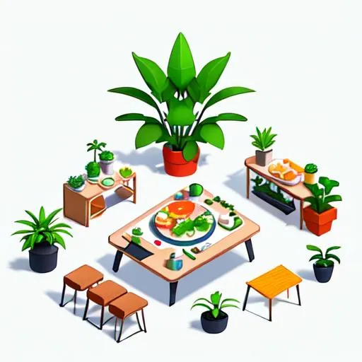 Prompt: a detailed lunch on the table while relaxing at work in a bright and clean workspace, in a plants environment, cute isometric art, bright, trending on artstation, 4k, rendered in blender + cinema4d, white background