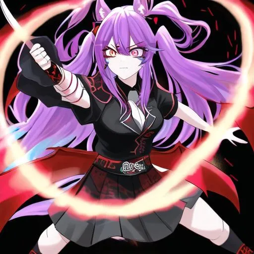 Prompt: Haley  as a demon (multi-color hair) (multi-color eyes)(she has horse ears) holding a katana, fighting, in a gunfight, bullets flying, fighting in a rural area, angry, (demon tail), (demon wings), lunging at the center, flying in the air