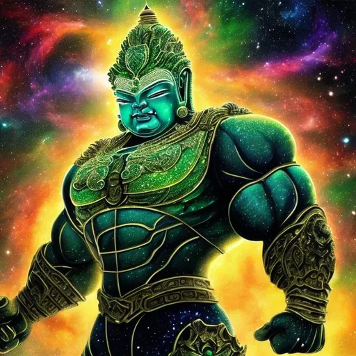 Prompt: green glass armored bodybuilding buddha, widescreen, infinity vanishing point, spiral galaxy nebula background