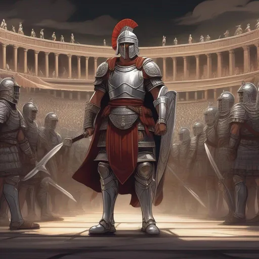 Prompt: full body, whole figure. A scifi roman legionary. He wears a crested helmet and a mask with visor. He stand ready for battle. In background a scifi version of Colisseum. Rpg art. anime art. 2d art. 2d. well draw face. detailed. Dark fantasy roman legion vs barbarians battle on a large battle field, big battle Several warriors  shields and some warriors are wounded on foreground, some warriors are fighting on foreground, some blood stains on sand, clouded sky in background, rain, thunderstorm in background, black sand, distant churches on fire in background Drawn in retro fantasy style
