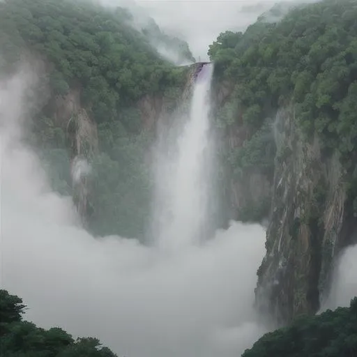 Prompt: cloud forest waterfall falling into mist