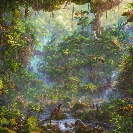 Prompt: colorful fantasy idyllic jungle scene that is extremely detailed