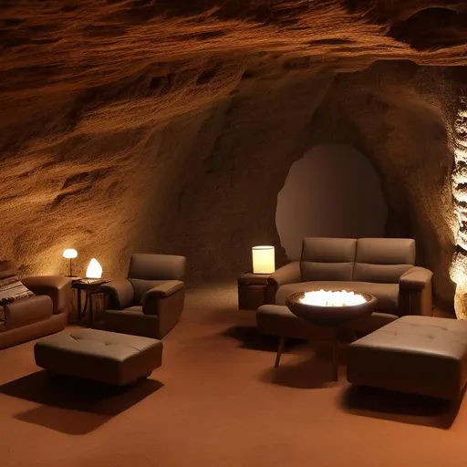 Prompt: interior cave with a love seat a lounge chair, ottoman and bookcase, photorealistic, 8k, futuristic, scifi