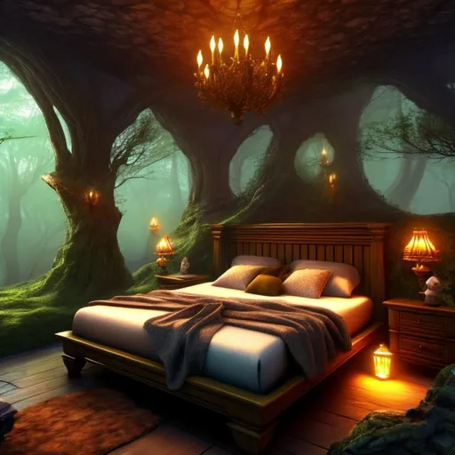Prompt: fantasy, bedroom interior, UHD, HD, 8K, forest themed bedroom