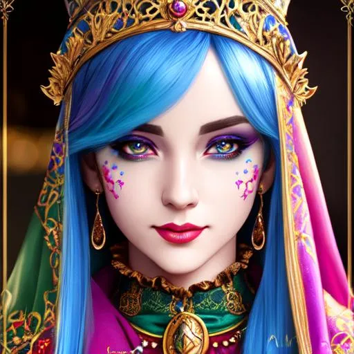 Prompt: fantasy, medieval, jester, UHD, 8k, high quality, ultra quality, perfect composition, trending art, trending on artstation, sharp focus, studio photo, intricate details, cinematic lighting, special effects, hyper realism, hyper realistic, Very detailed, high detailed face, high detailed eyes, oil painting, full body, full view