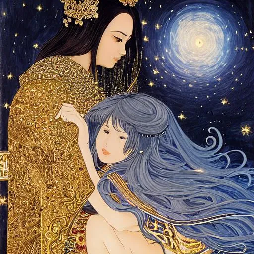 Prompt: Drawing of a {beautiful women} with a {angel's halo} above her head and with a cute face, {night sky}, perfect, perfect eyes, composition, hyperrealistic, super detailed, high quality, trending art, sharp focus, painting, intricate details, highly detailed, style tsutomu nihei and Gustaf klimt 