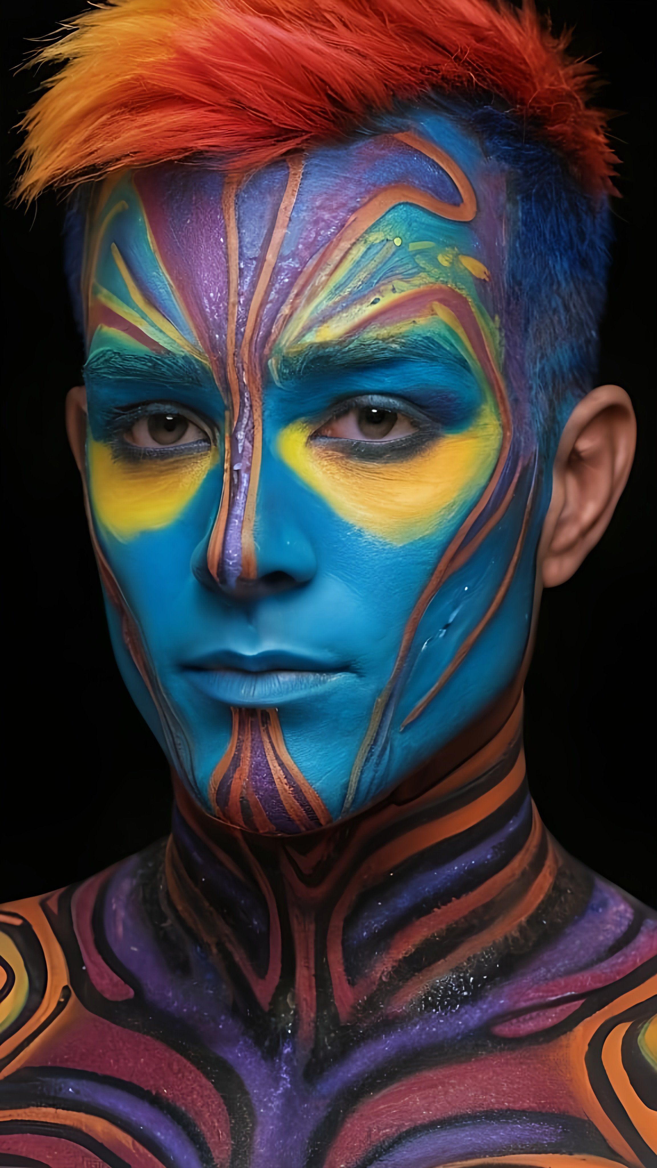 Prompt: a man with colorful face paint, with a black background, artist, neo-fauvism