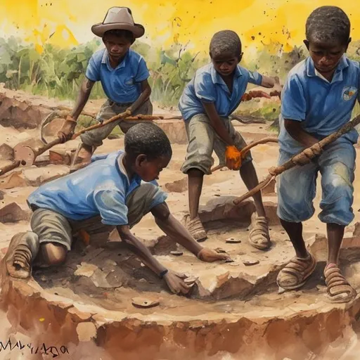 Prompt: Children working in a pit mine in the style of Nelson Makamo painting