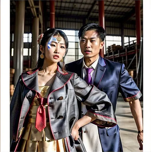 Prompt: A captivating image emerges: An Asian couple is donning a unique fusion of Eastern and Western attire. They are wearing long neckties that add a touch of formality, while overcoat robes makes their outfits look similar to business suits. They radiate strength, resembling terra cotta warriors wearing neckties. The scene is set amidst the backdrop of a warehouse and/or hangar, evoking a realistic and picturesque landscape. The outfits mix Hanfu with neckties and other fashion styles. The photograph captures the essence of this intriguing blend, inviting viewers to delve deeper into the fusion of cultures.