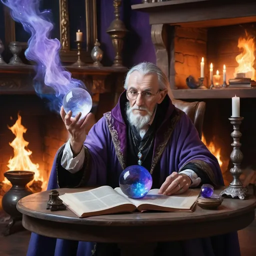 Prompt: An elderly magician-alchemist sits at a table littered with manuscripts and tomes. The magician wears a cloak richly trimmed with silver. he looks 
at the crystal ball lying in his palm, inside of which a blue-lilac galaxy is visible. background: burning fireplace, mystical aura.
style: oil painting 