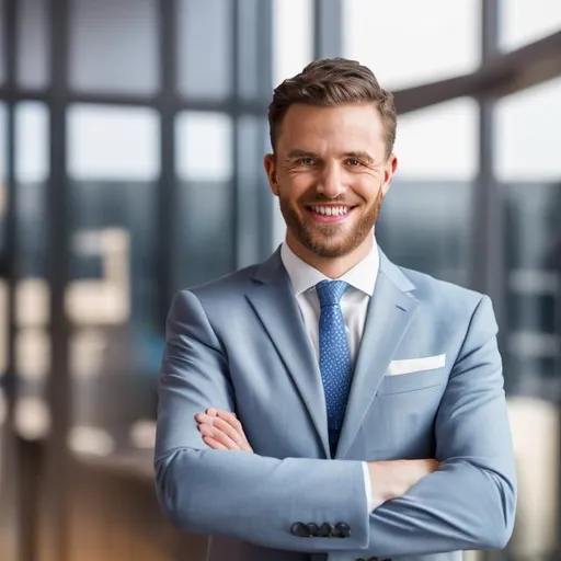 Prompt: one young white business man ceo standing in office arms crossed. Smiling mature confident professional executive manager, looking at camera, proud lawyer, businessman leader wearing blue suit. shot with Sony Alpha a9 II and Sony FE 200-600mm f/5.6-6.3 G OSS lens, natural ligh, hyper realistic photograph, ultra detailed, sf, intricate artwork masterpiece, ominous, matte painting movie poster, golden ratio, trending on cgsociety, intricate, epic, trending on artstation, by artgerm, h. r. giger and beksinski, highly detailed, vibrant, production cinematic character render, ultra high quality model