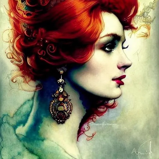 Prompt: A portrait of a beautiful woman with red hair, in style art  by Arthur Rackham, Alberto Seveso, nicky boehme, tom bagshaw, Kandinsky, viktor zaretsky, Bernard Frize. Highly detailed, very beautiful, Best quality. Beautifully lit.