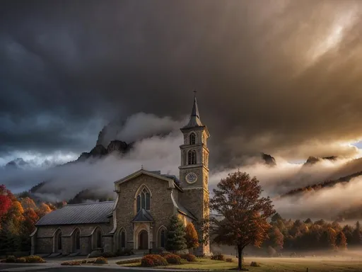 Prompt: Photorealistic church tower, heavy fog , golden ratio proportions , fall tree, dramatic clouds, high mountains in the back, misty light, high definition, elaborated, fine details, 4k