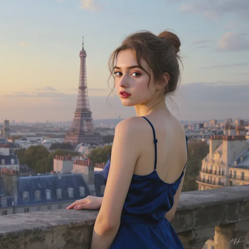 Prompt: The image is a sensual realistic digital illustration in painterly style with soft matte pastel colors and lighting and natural features and proportions.

It features a young age18 teenage girl with fair skin and freckles, standing on a rooftop with a stunning view of the Eiffel Tower in the background, leaning on the stone railing looking back at the viewer.

 She has brown hair styled in a loose updo, with a few strands framing her youthful face, and she is wearing minimal makeup that accentuates her natural beauty. Her green eyes are slightly downcast, giving her a shy innocent look. She is dressed in a dark sapphire blue silk, spaghetti-strap dress that reveals her shoulders and upper back..

The background showcases a clear, slightly cloudy evening sky with the iconic Eiffel Tower illuminated and surrounded by the cityscape of Paris. The rooftops of Parisian buildings are visible, adding to the urban setting. The lighting in the photograph is warm, with the golden hour glow casting a soft, romantic ambiance over the entire scene. The overall composition combines elements of beauty, romance, and the sensual allure of Paris.