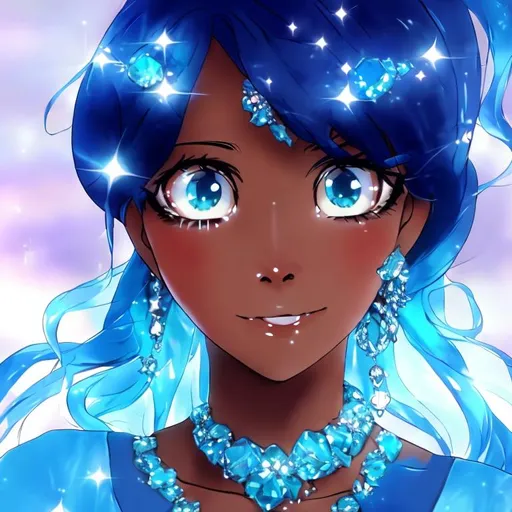 Prompt: Anime, Princess, Blue eyes, Blue Ballgown, Blue Topaz earrings, brown skin, HD, 4k, High Quality, Effects.