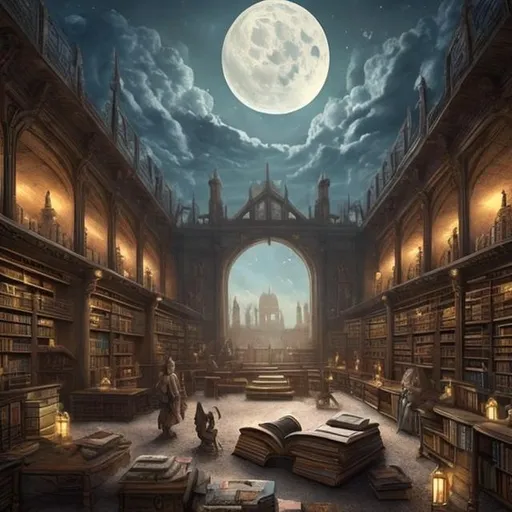 Prompt: A fantasy desolate and huge library with moonlight coming from a window and many books