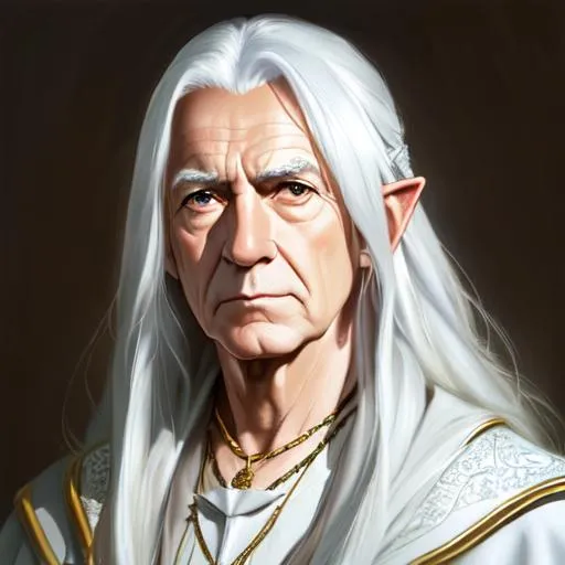Prompt: oil painting, UHD,  8k, Very detailed, panned out view, whole character, male eladrin old adult, visible face, white Long Hair, noble outfit, grumpy face