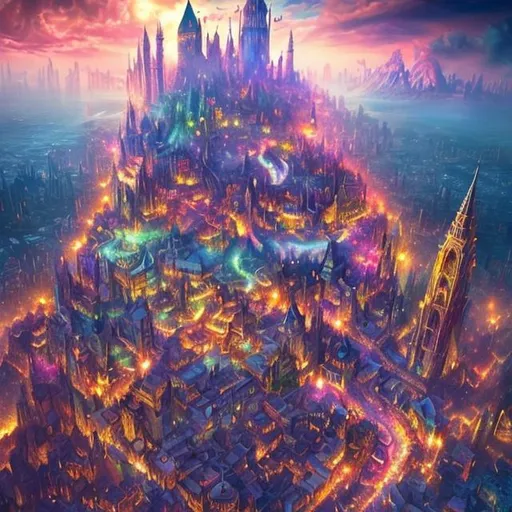 Prompt: The city of the dream realm fantasy realistic breath taking amazing beautiful colourful crowded with a lot of people 