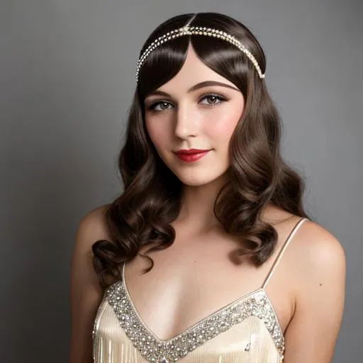 Prompt: 1920s flapper with very long light brown hair and a diamond   headpiece on her head