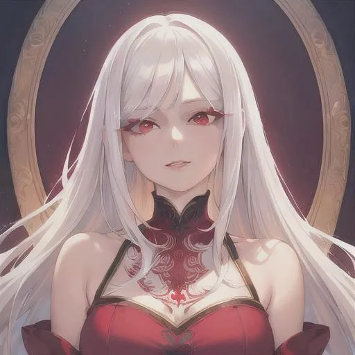 Prompt: (masterpiece, illustration, best quality:1.2), medium pure white hair, red eyes, wearing red silky nightgown, best quality face, best quality, best quality skin, best quality eyes, best quality lips, ultra-detailed eyes, ultra-detailed hair, ultra-detailed, illustration, colorful, soft glow, 1 girl, happy expression