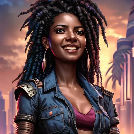 Prompt: attractive hot late-twenties african egyptian woman female, brown skin, smile, short spiked hair, government uniform, tropical island, solarpunk synthwave, portrait, realistic details, photorealistic, 8k render, cinematic lighting, ultra detailed