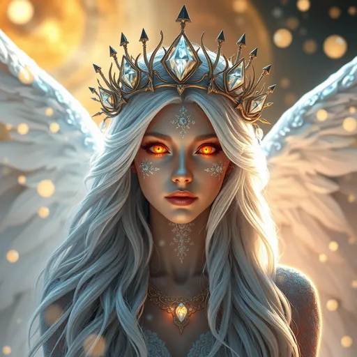 Prompt: A celestial and otherworldly angelic figure inspired by the Book of Enoch, representing a Watcher angel. The female angel has glowing, fiery amber eyes radiating divine energy, her face adorned with shimmering blue crystal textures symbolizing heavenly purity. Her long, flowing silver-white hair cascades gracefully, as if illuminated by ethereal light. She wears a crown of intricate, divine metallic branches intertwined with icy spikes, reflecting celestial radiance. Her presence is surrounded by luminous orbs and soft golden and blue bokeh lighting, symbolizing the divine light of the heavens. 

The scene features a mystical and dreamlike atmosphere, with swirling clouds of light and faint inscriptions of ancient angelic runes in the background. The angel’s expression conveys wisdom and power, embodying the duality of the Watchers as described in the apocryphal texts. Ultra-detailed textures on the crystals, crown, and flowing hair; volumetric lighting highlighting the divine and supernatural aesthetic; photorealistic rendering; cinematic composition inspired by WLOP, Greg Rutkowski, and classical Renaissance depictions of angels. UHD, vibrant contrast between warm and cool tones, evoking celestial glory.