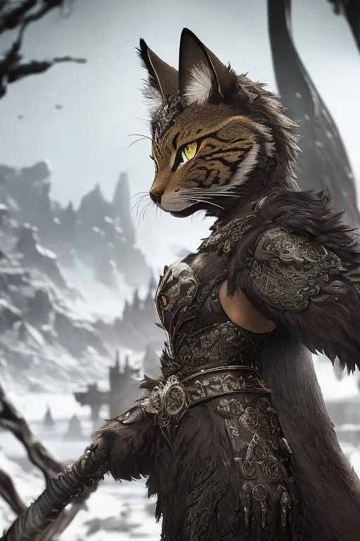 Prompt: (masterpiece), (best quality:1.2), (intricate detail), dynamic angle, looking at viewer, (1female), ((solo)), (((full body))), (slender), (((tabaxi))), (((black and brown fur))), ((blue pupils)), (((dragon armor))), black white and brown armor, mysterious, ((ominous expression))