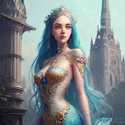 Prompt: Intricately detailed front facing elaborate beautiful mermaid intricate glistening face bright eyes prismatic cry clear dress long hair hyperdetailed painting by Ismail_Inceoglu Tom Bagshaw Dan Witz CGSociety ZBrush Central fantasy art 4K, Crystal Palace in background digital painting, digital illustration, extreme detail, digital art, ultra hd, vintage photography, beautiful, tumblr aesthetic, retro vintage style, hd photography, hyperrealism, extreme long shot, telephoto lens, motion blur, wide angle lens, deep depth of field, warm, anime Character Portrait, Symmetrical, Soft Lighting, Reflective Eyes, Pixar Render, Unreal Engine Cinematic Smooth, Intricate Detail, anime Character Design, Unreal Engine, Beautiful, Tumblr Aesthetic,  Hd Photography, Hyperrealism, Beautiful Watercolor Painting, Realistic, Detailed, Painting By Olga Shvartsur, Svetlana Novikova, Fine Art