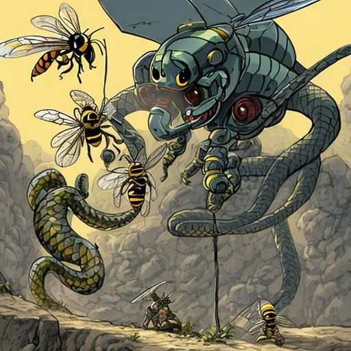 Prompt: giant snake fighting a giant robot bee