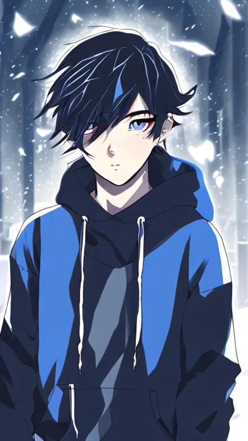 Prompt: A anime Boy who wars a Hoodie have black hair blue eyes and have a Sad Scenery