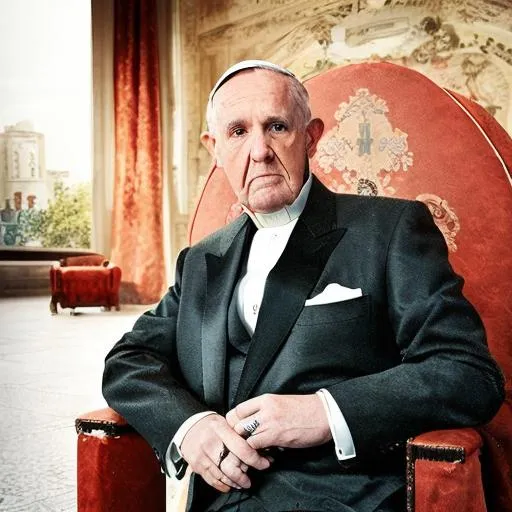 Prompt: Pope is sitting in chair and a smoking cigarette with mad gangster face. 3d. Realistic. Dynamic lights. Sharpness.