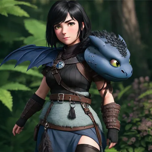 Prompt: Please produce a Heather from How to Train Your Dragon, photo session, attractive, black hair, (((full body visible))), looking at viewer, portrait, photography, detailed skin, realistic, photo-realistic, 8k, highly detailed, full-length frame, High detail RAW color art, piercing, diffused soft lighting, shallow depth of field, sharp focus, hyperrealism, cinematic lighting