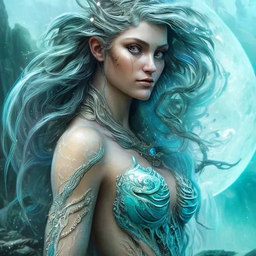 Prompt: Fantasy, Epic, Stunning, Spectacular, cinematic, 3D, HD, Beautiful!! {female}Sea Nymph, detailed gorgeous face, Beautiful big {moon-shaped}reflective eyes, long flowing turquoise hair, expansive Magical waterfall and full moon background, ultra detailed full body artistic photography, Gorgeous detailed face, shadows, , brush strokes, ultra sharp focus, William-Adolphe Bouguereau, matte painting movie poster, silver ratio, epic, intricate, cinematic character render, hyper realistic, 64K --s98500