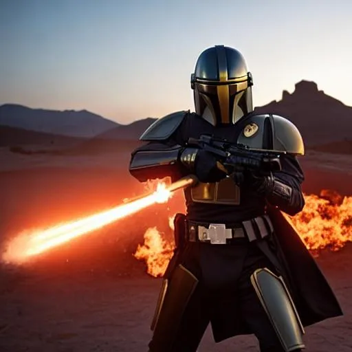 Prompt: shot type: , long exposure far away ;Subject: realistic  UHD black golden mandalorian shooting at people ,
Context: in Hell