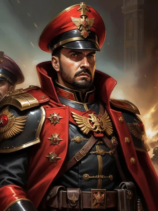 Prompt: (Full-body) oil painting portrait of human male ((Warhammer 40k commissar)) shouting and pointing forward, leading a 40k imperial guard regiment in background, short thick (brown hair), thick full (brown beard), Warhammer 40k, wh40k, fierce expression, Stoic epic standing pose, (piercing brown eyes), professional illustration, painted, art, painterly, {40k imperial guard commissar}, ((heavy flak armor)) {chest piece} breastplate, ornate red and black trench-coat decorated with military medals, ornate military epaulets with ({gold tassels}), ornate (({40k commissar hat})), highly detailed eyes and facial features, (dark tones), highly detailed dark war zone background, impressionist brushwork, dark battlefield background, outside, exterior, astra militarum imperial guard, active war zone background, (wh40k imperial guard) regiment firing lasguns at enemy in background, grimdark, gothic fantasy, ornate officer's shoulder cape, highly detailed hands, worry lines, wizened, 40k imperial guard, 
