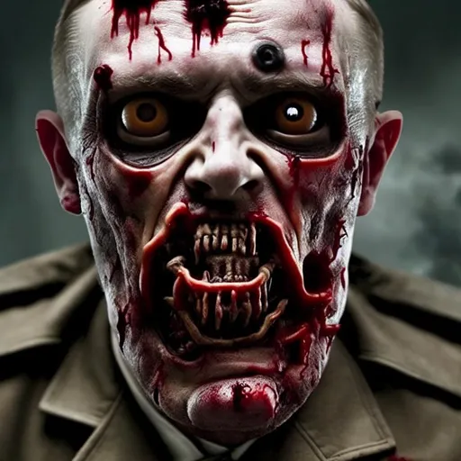 Prompt: zombie, nazi, realistic, nazi zombie, real-life, hyper-realistic, zombie hitler, undead, hitler, draugr, scabs, bruises, blood, violent, eugenics, murder, evil, angry, far-right