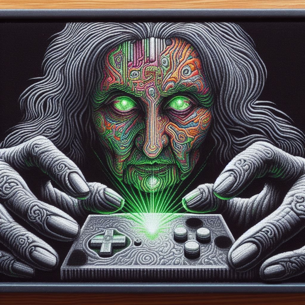 Prompt: game maker game old woman, in the style of psychedelic portraits, dark silver and light green, sgrafitto, fujifilm provia 400x, john pitre, embroidery