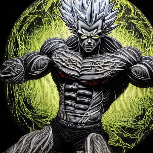 Prompt: 64K masterpiece intricate hyperdetailed breathtaking 3D glowing black oil painting medium portrait of vegeta, black trousers, intricate hyperdetailed muscular body, intricate hyperdetailed muscles, glowing white light reflection on the muscles, hyperdetailed intricate hard standing glowing hair, hyperdetailed glowing angry white eyes, detailed face, white glowing muscles, white glowing body, white glowing skin, semi-polaroid monochrome photography, hyperdetailed complex, character concept, hyperdetailed intricate glowing shining glamorous white water drop floating in the air, very angry, intricate glowing light reflection, intricate hyperdetailed glowing iridescent reflection, strong glowing white light on the hair, contrast white head light, hyperdetailed very strong black shading, very strong black muscle shadow, professional award-winning photography, maximalist photo illustration 64k, resolution High Res intricately detailed, impressionist painting, yellow color splash, illustration, key visual, panoramic, cinematic, masterfully crafted, 8k resolution, stunning, ultra detailed, expressive, hypermaximalist, UHD, HDR, UHD render, 3D render, 64K, hyperdetailed intricate watercolor mix oil painting on the body, Toriyama Akira