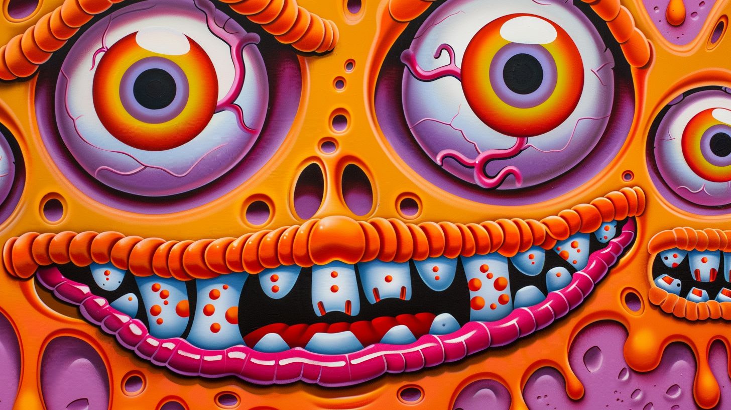 Prompt: a psychedelic art piece with bright colors and eyes, in the style of garbage pail kids, industrial paintings, detailed perfection, playful caricature, punctured canvases, neo-op