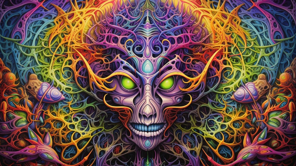 Prompt: dmt entites are being woven into intricate designs of psychedelic threads