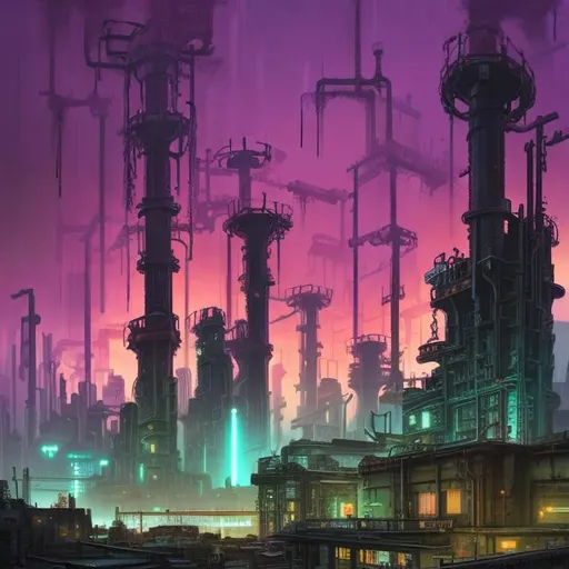 Prompt:  fantasy art style, painting, brutalist architecture, brutalism, brutalist building, pipes, windows, block, cube, industrialisation, industry, power plants, nuclear fusion, concrete, crowded, dense city, overpopulated, neon lights, green neon lights, purple neon lights, neon sign, pollution, smog, fog