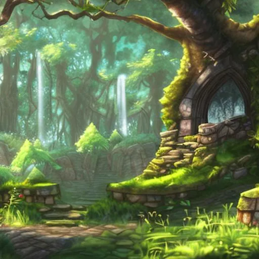 Prompt: lost woods, castle ruins,, Legend of Zelda, environment by Ken Sugimori, volumetric lighting, more environment and trees. Softer colouring. Hyper realistic. Water colour style