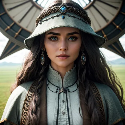 Prompt: Anthropomorphized "Lord of the Rings", she is wearing an outfit inspired by "The Lord of the Rings", centered in frame, facing camera, camera zoomed out showing background, expressive, symmetrical face, 85mm lens, f8, photography, ultra details, natural light, on an airship in the sky background, photo, Studio lighting, real, detailed symmetrical face, real skin textures, full body,
