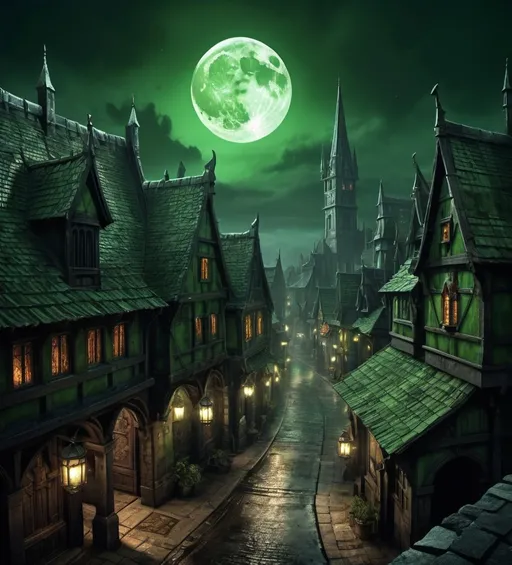 Prompt: Warhammer fantasy RPG style town under a dark, various size buildings, various buildings, ominous moon, eerie green aura glowing, gothic architecture, medieval setting, detailed and foreboding atmosphere, high contrast, surreal lighting, fantasy, RPG, gothic, medieval, detailed buildings, huge moon, eerie green aura, dark mood, after rain, street lanterns, seen from above and distance, orange weathered roof tiles