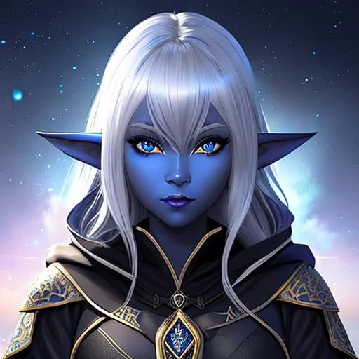 Prompt: half body portrait, female , elf, drow, dark elf, blue skin, ((blue skin:0.6)), blue pointed ears, detailed face, detailed eyes, full eyelashes, ultra detailed accessories, detailed interior, city background, ((wearing black robes:0.6)), caplet with hood, curly hair, short hair, bangs, dnd, artwork, dark fantasy, tavern interior, looking outside from a window, inspired by D&D, concept art, night time, looking away from viewer