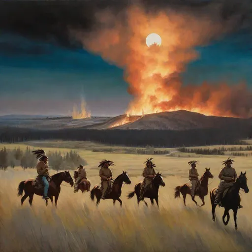 Prompt: Painting of a military fort with a raging wildfire in the background. foreground, springtime in Montana, full moon out, nature photography, darkened sky, feathered native Americans riding horses in the background 