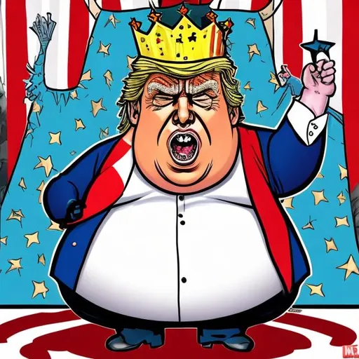 Prompt: Obese Trump as king crooked crown with stars and stripes, too long red tie + dark-blue suit, bright colored, Sergio Aragonés MAD Magazine cartoon style 