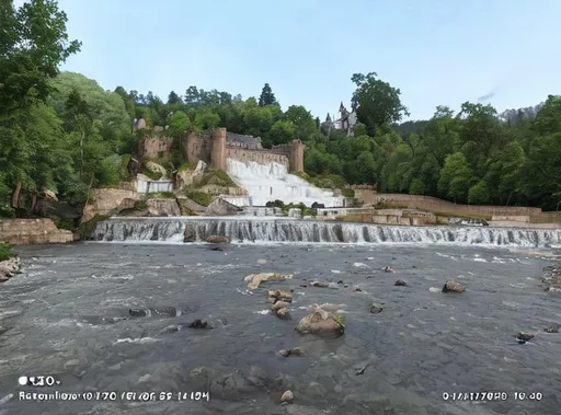 Prompt: A river with a waterfall behind it and a forest with a castle behind waterfall in the forest
