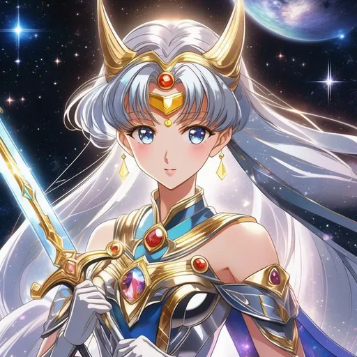 Prompt: anime character, hyperdetailed anime illustration, omnipotent galactic ruler Eternal Sailor Moon, illuminated by a soft starlight, wearing colorful iridescent intricate detailed outfit decorated with diamonds gemstones gold silver and vibranium, standing in front of the galactic core, holding her silver sword firmly, she stands with a determined air, her gaze unwavering, godly, beautiful detailed eyes, confident expression, intricate clothes with engraved silver trim, absolutely astonishing, razor sharp focus, cosmic, mesmerizing, masterpiece, UHD, 16k, HDR, ((((best quality)))), ((((extreme details))))