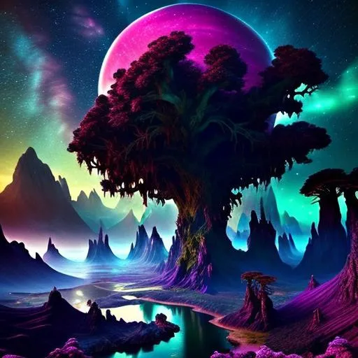 Prompt: Highly detailed fantasy planet landscape, moon, clouds, stars, planets, waterfalls, nebulae, mystical, light pillars, ancient Oak tree on an island, magenta-pink, green-cyan, dark-magenta, electric-blue, trending on artstation, beautiful, tonemapping, fantasy art, digital painting, hyperrealism, hyperdetailed, landscape, photorealistic, radiant, vibrant, , abandoned ship, has a mountain in the background, full shot